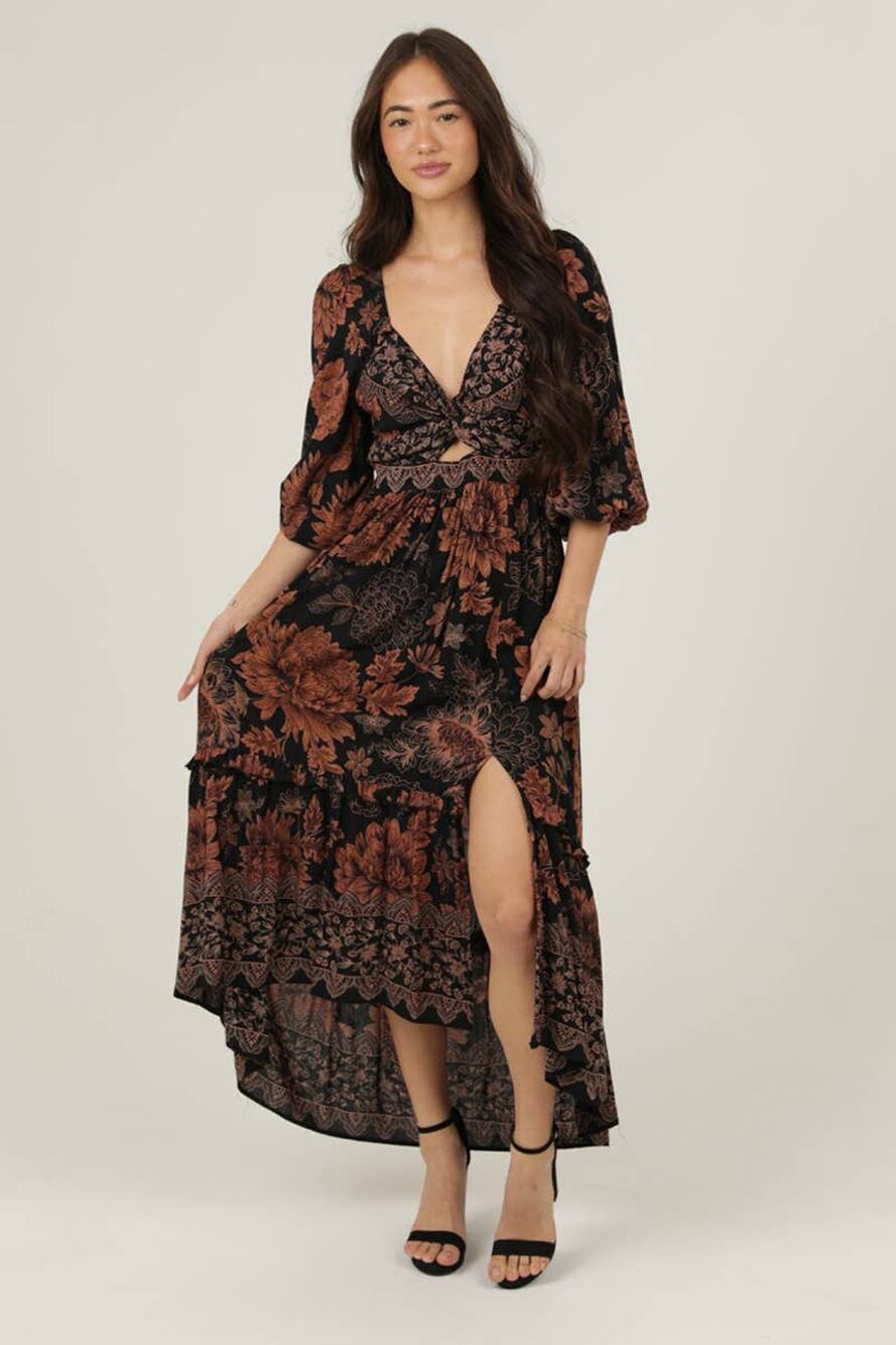 Angie's  V NECK TWIST FRONT CUT OUT SIDE SLIT MAXI DRESS